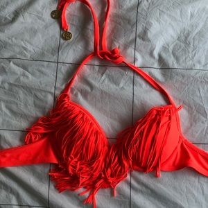 Neon pink push up triangle top w/ boho fringe, sm